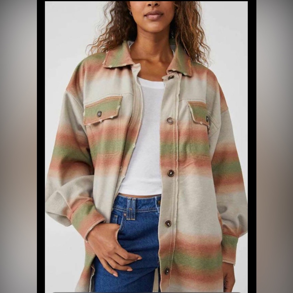 Free People Ruby Jacket XL Ombre Serape Stripe Oversized Shacket Elbow PatchBoho